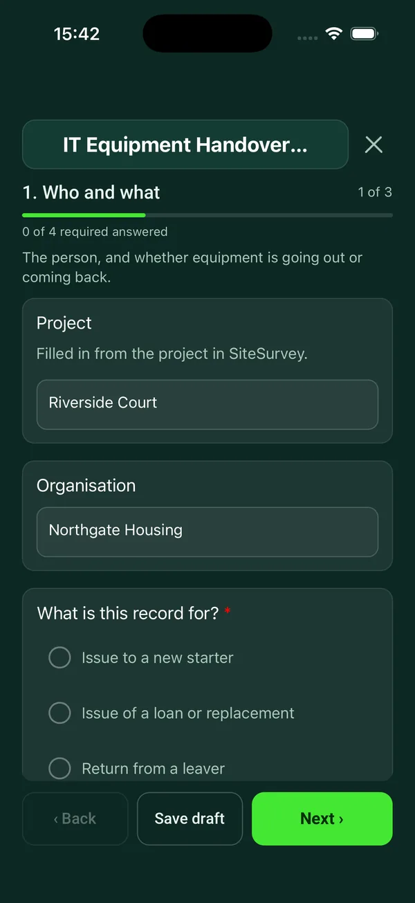 The IT Equipment Handover and Return form in the SiteSurvey app on a phone