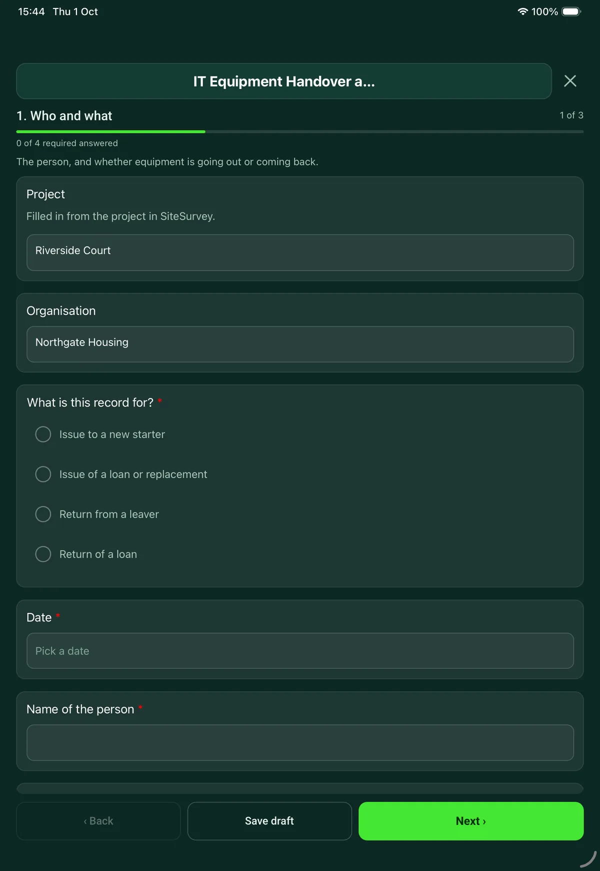 The IT Equipment Handover and Return form in the SiteSurvey app on a tablet