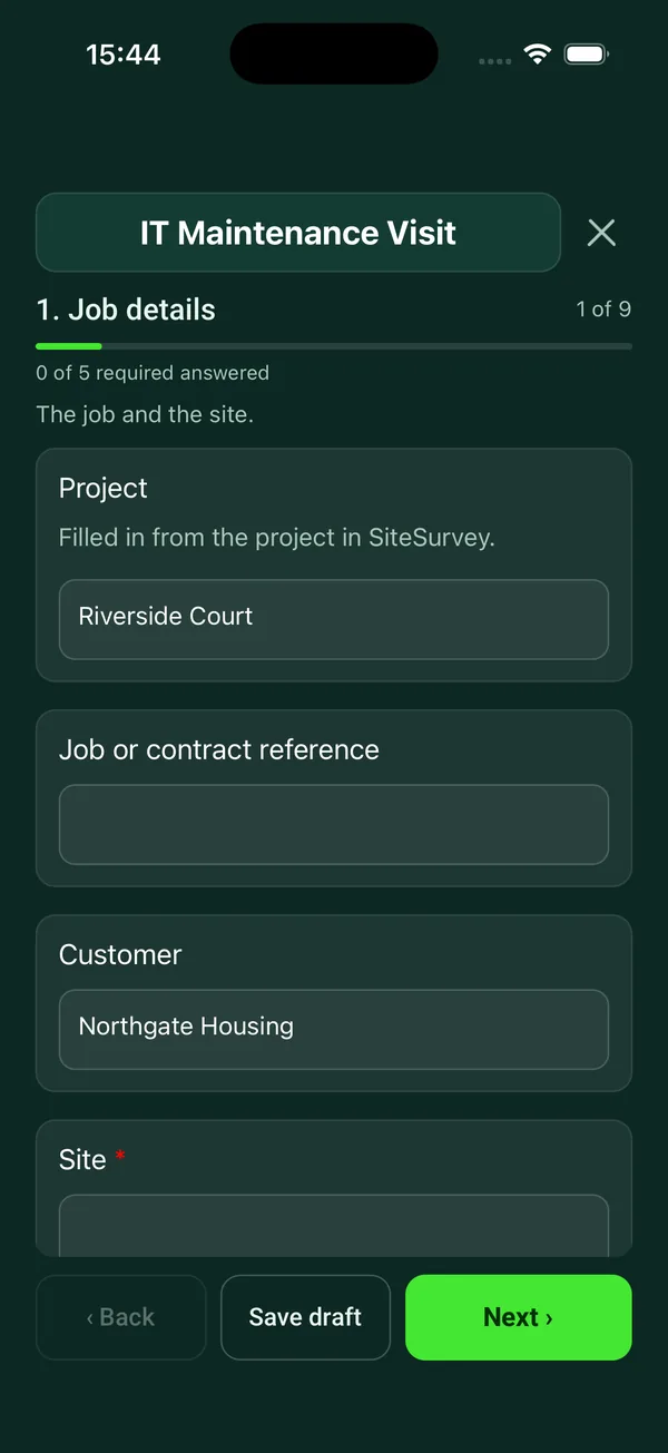 The IT Maintenance Visit form in the SiteSurvey app on a phone