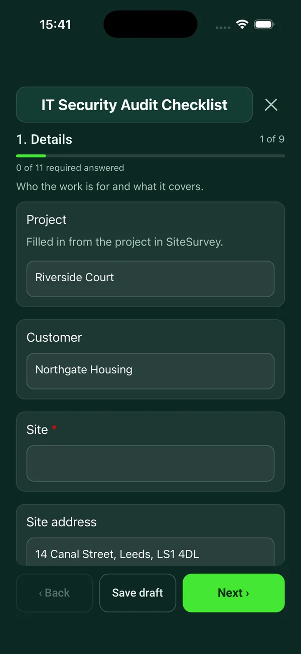 The IT Security Audit Checklist form in the SiteSurvey app on a phone