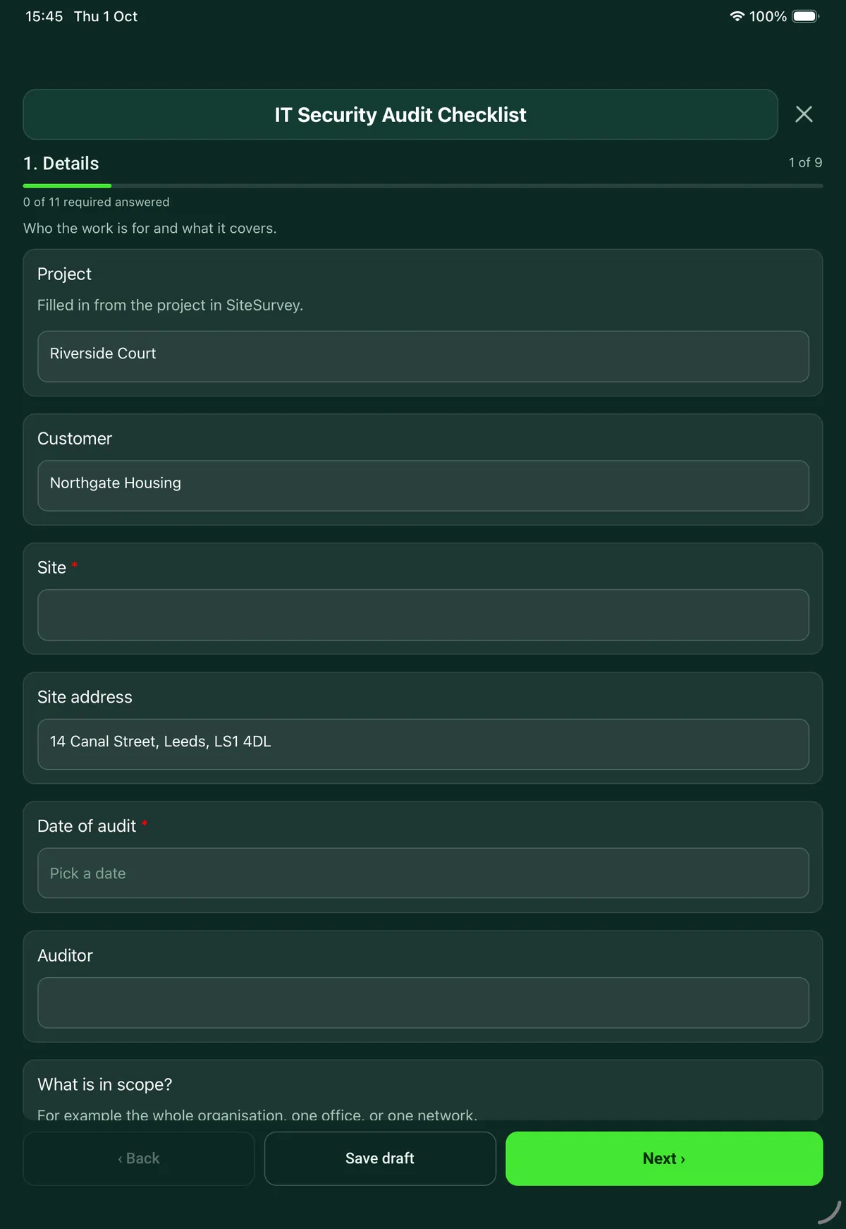 The IT Security Audit Checklist form in the SiteSurvey app on a tablet