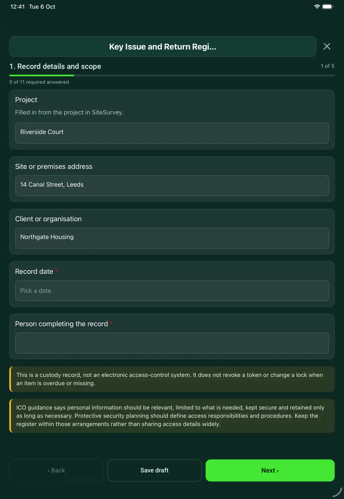 The Key Issue and Return Register form in the SiteSurvey app on a tablet