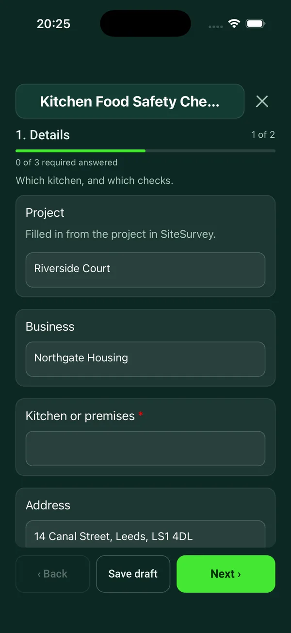 The Kitchen Food Safety Checklist form in the SiteSurvey app on a phone