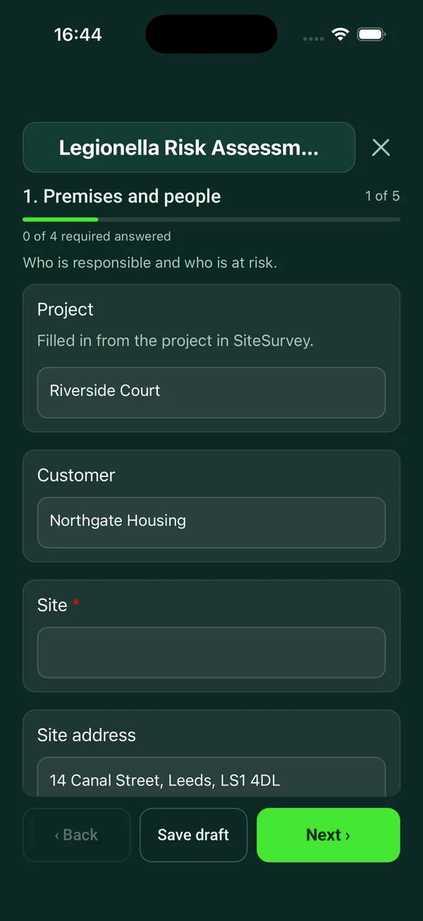 The Legionella Risk Assessment form in the SiteSurvey app on a phone