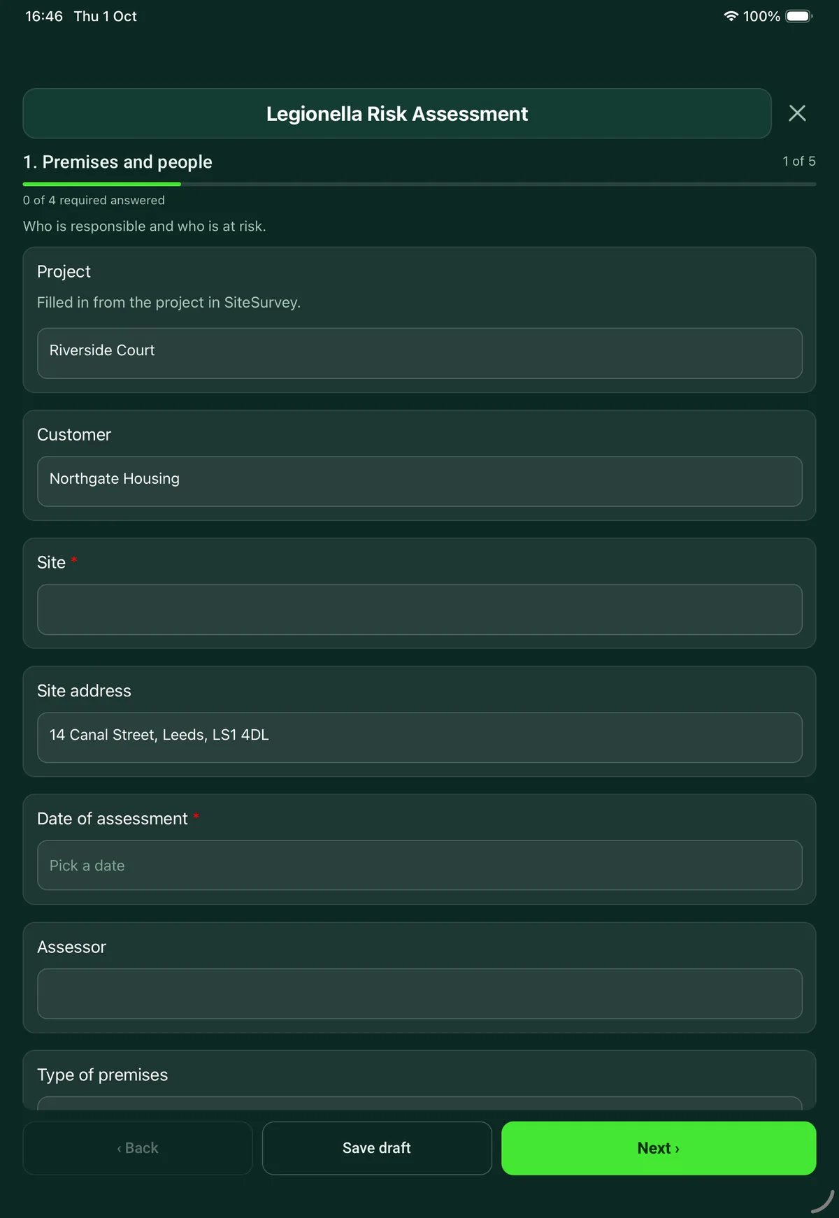 The Legionella Risk Assessment form in the SiteSurvey app on a tablet