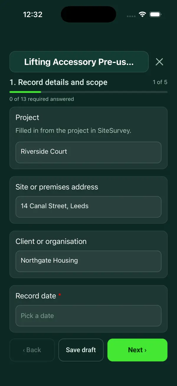 The Lifting Accessory Pre-use Inspection form in the SiteSurvey app on a phone