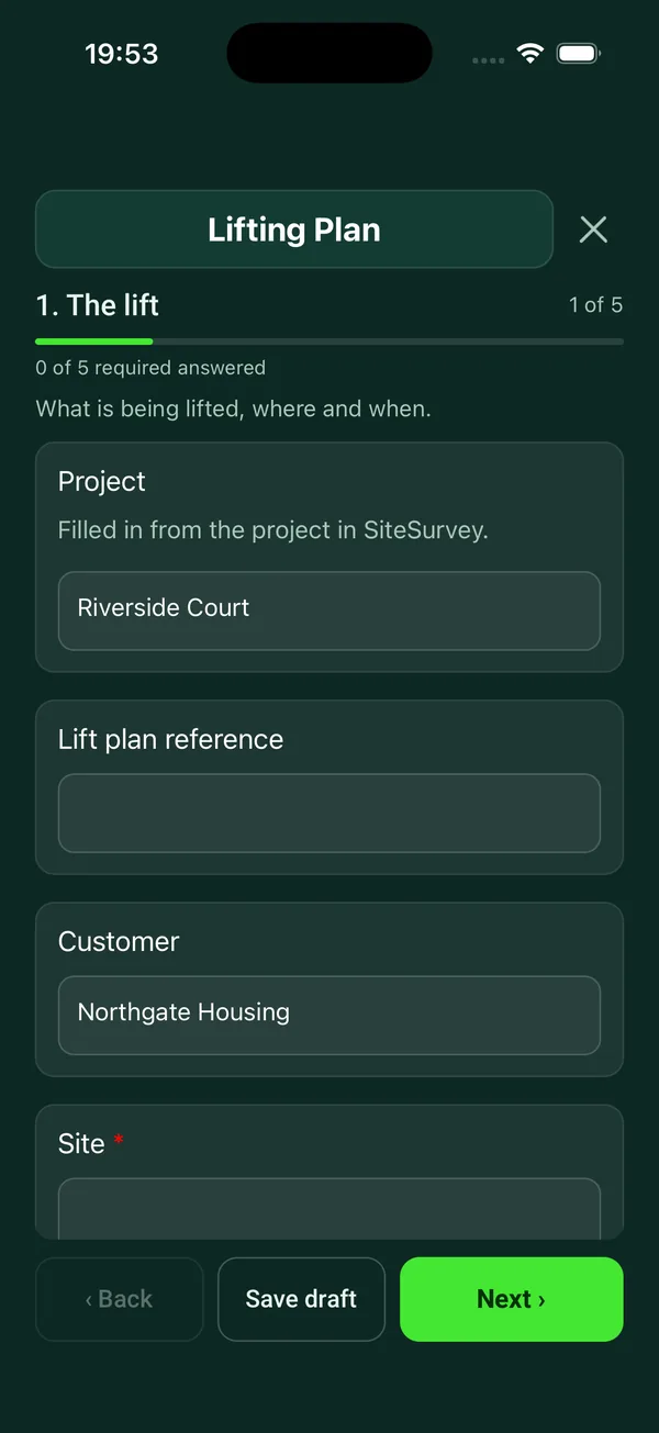 The Lifting Plan form in the SiteSurvey app on a phone