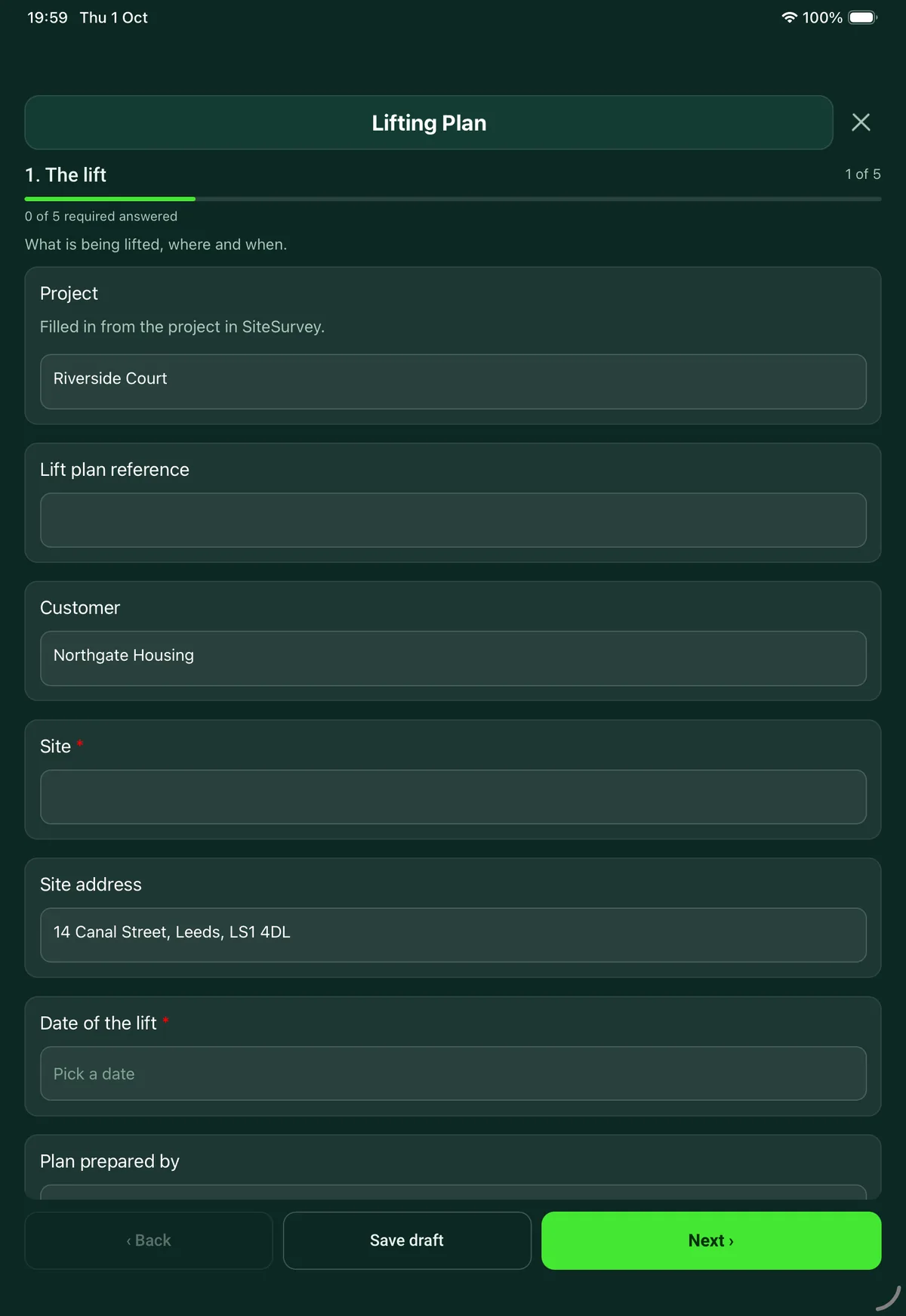 The Lifting Plan form in the SiteSurvey app on a tablet
