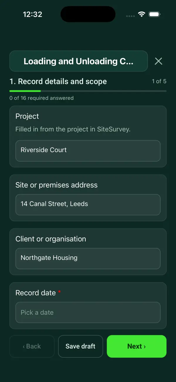 The Loading and Unloading Check form in the SiteSurvey app on a phone