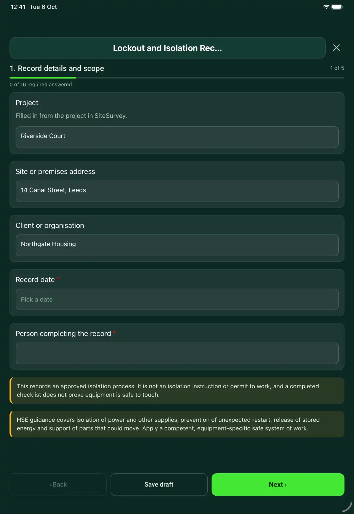 The Lockout and Isolation Record form in the SiteSurvey app on a tablet
