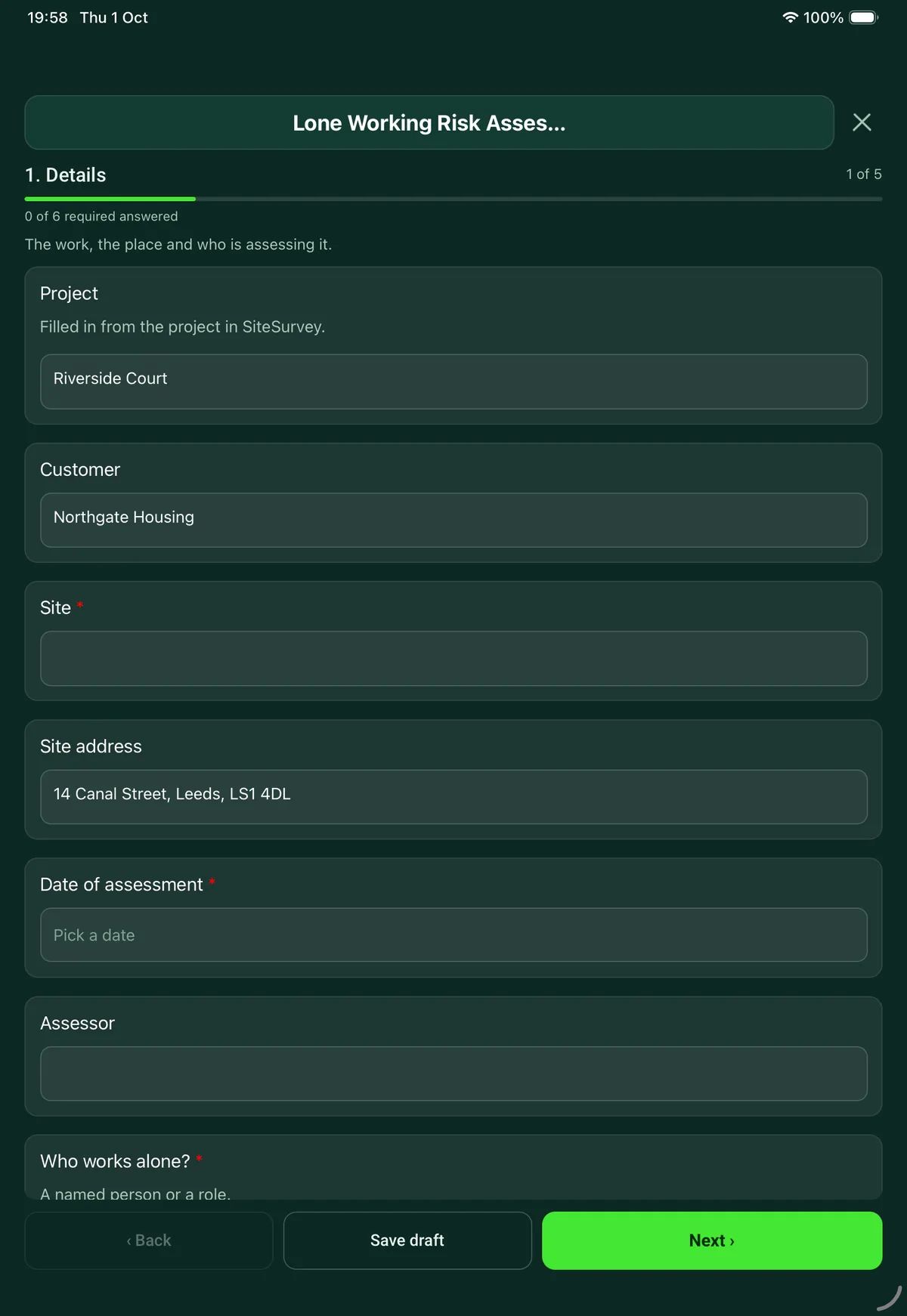 The Lone Working Risk Assessment form in the SiteSurvey app on a tablet