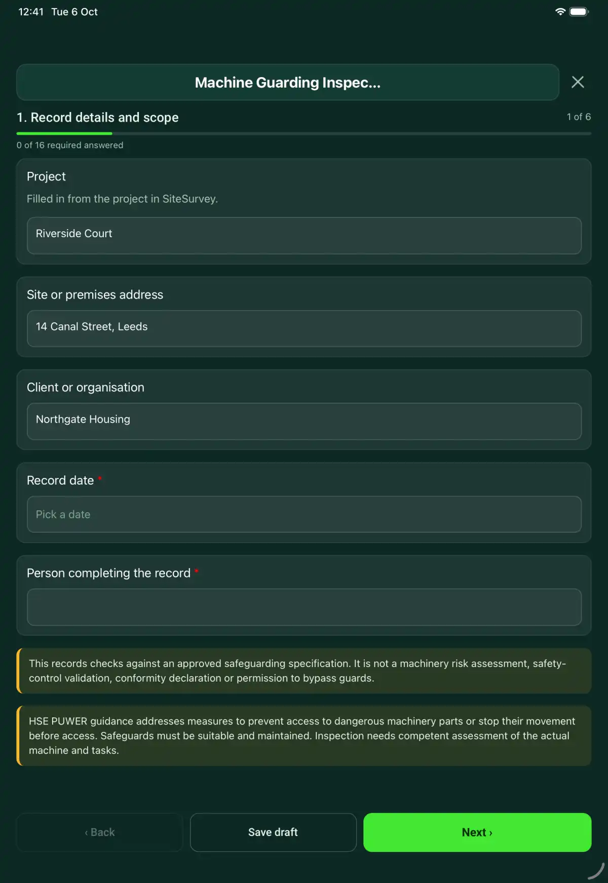 The Machine Guarding Inspection form in the SiteSurvey app on a tablet