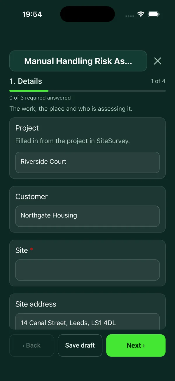 The Manual Handling Risk Assessment form in the SiteSurvey app on a phone