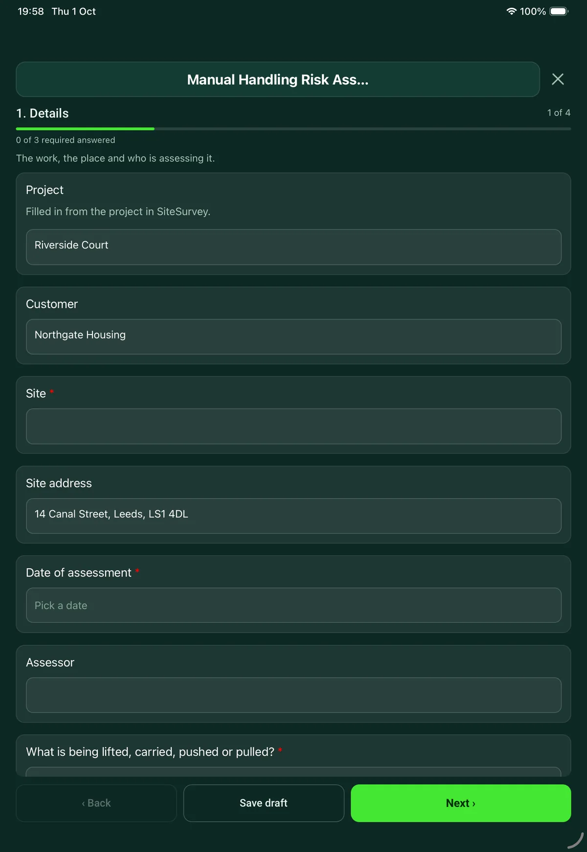 The Manual Handling Risk Assessment form in the SiteSurvey app on a tablet