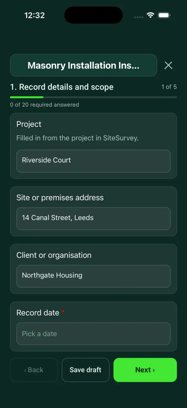 The Masonry Installation Inspection form in the SiteSurvey app on a phone