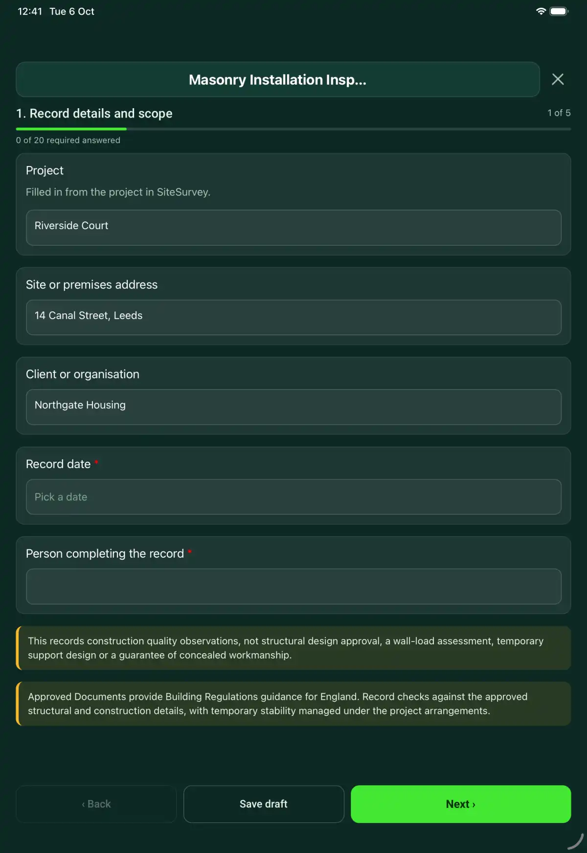 The Masonry Installation Inspection form in the SiteSurvey app on a tablet