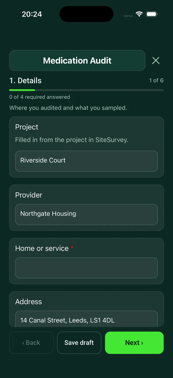 The Medication Audit form in the SiteSurvey app on a phone