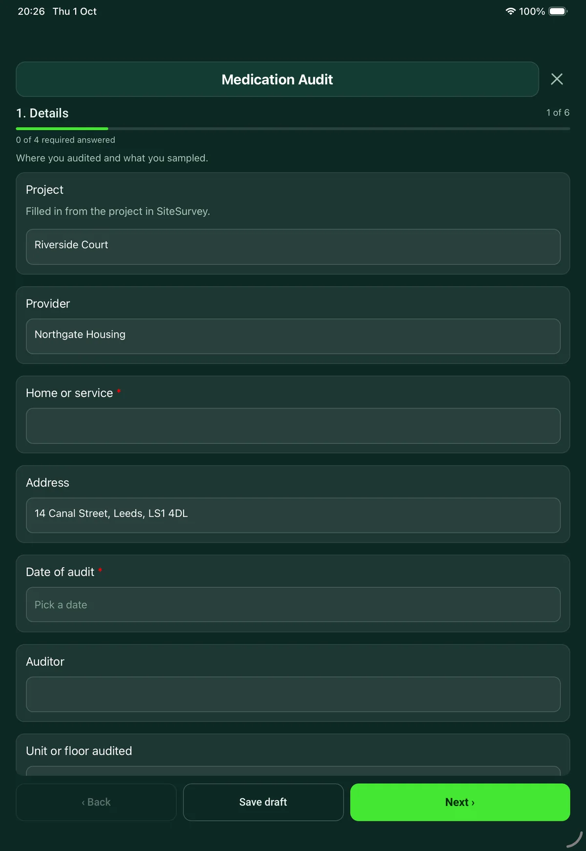 The Medication Audit form in the SiteSurvey app on a tablet
