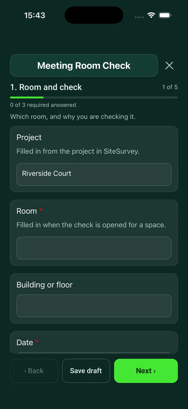 The Meeting Room Check form in the SiteSurvey app on a phone