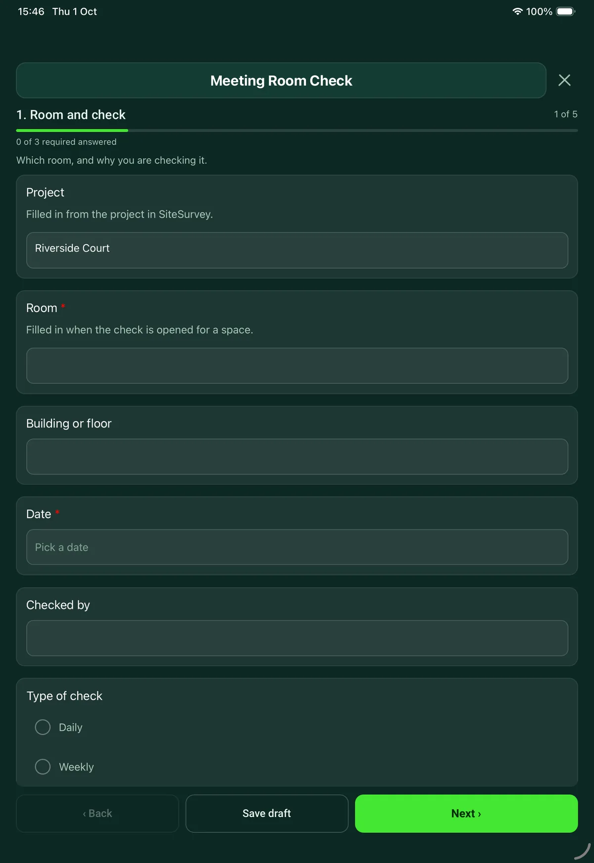 The Meeting Room Check form in the SiteSurvey app on a tablet