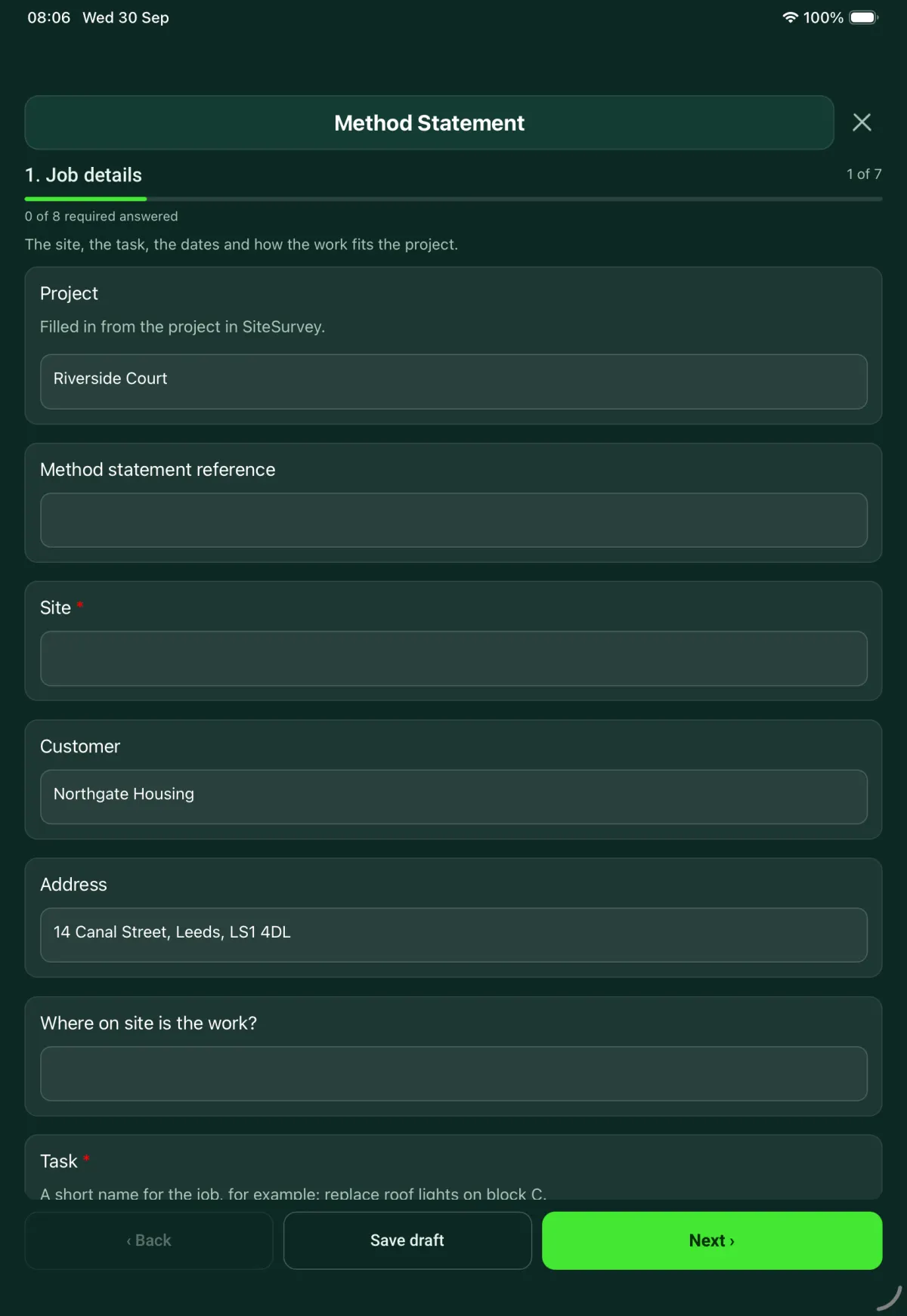 The Method Statement form in the SiteSurvey app on a tablet