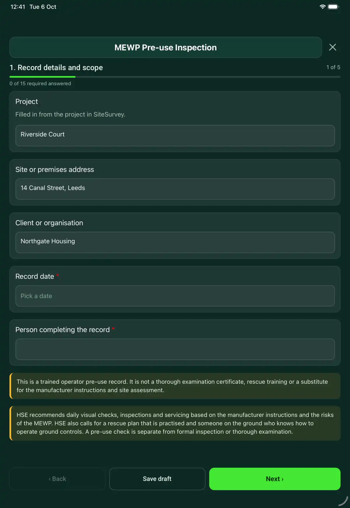 The MEWP Pre-use Inspection form in the SiteSurvey app on a tablet