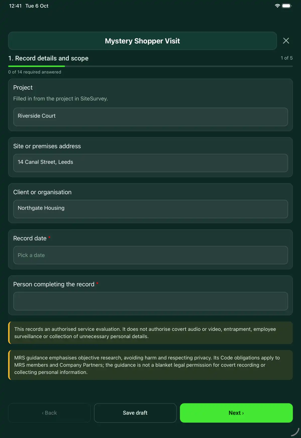 The Mystery Shopper Visit form in the SiteSurvey app on a tablet