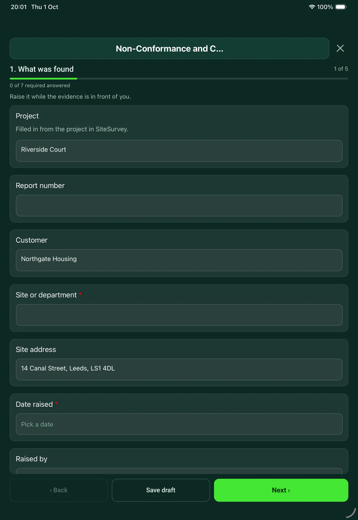 The Non-Conformance and Corrective Action Report form in the SiteSurvey app on a tablet