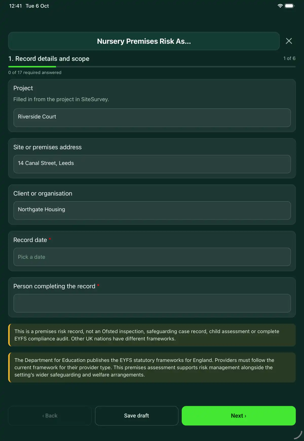The Nursery Premises Risk Assessment form in the SiteSurvey app on a tablet