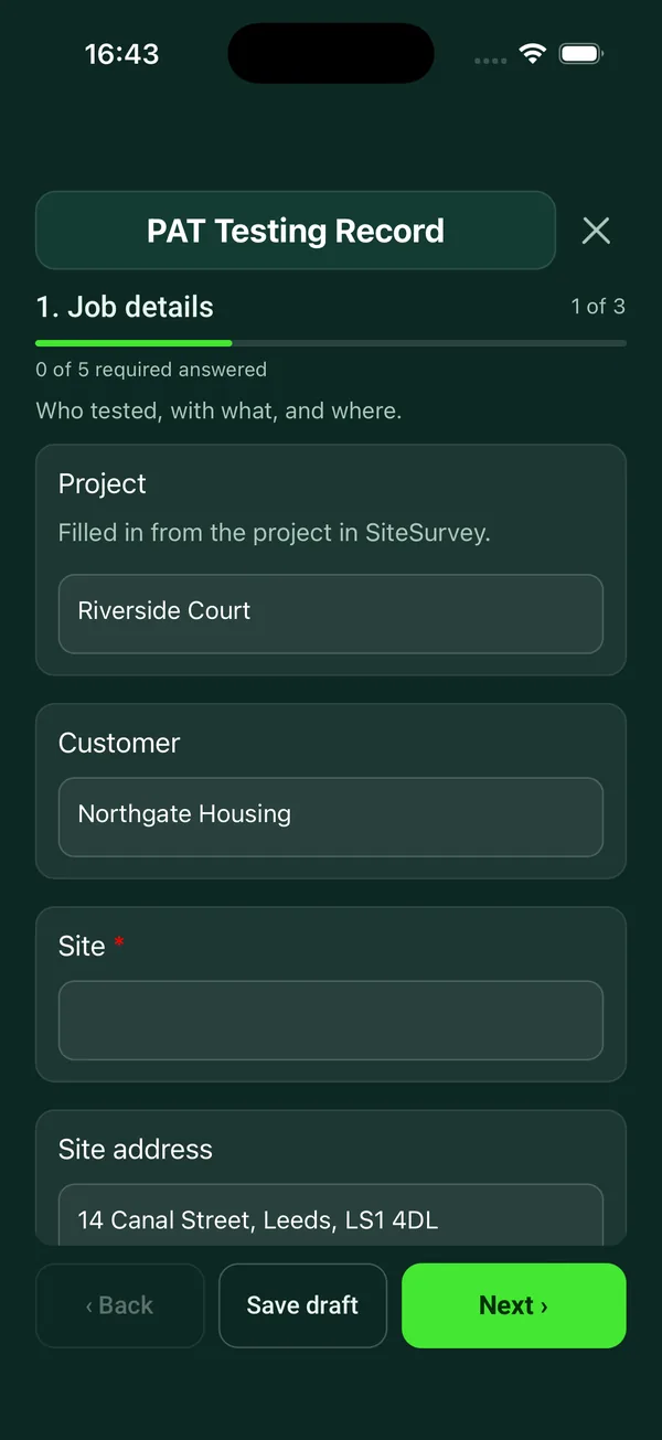 The PAT Testing Record form in the SiteSurvey app on a phone