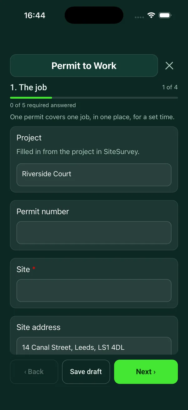 The Permit to Work form in the SiteSurvey app on a phone