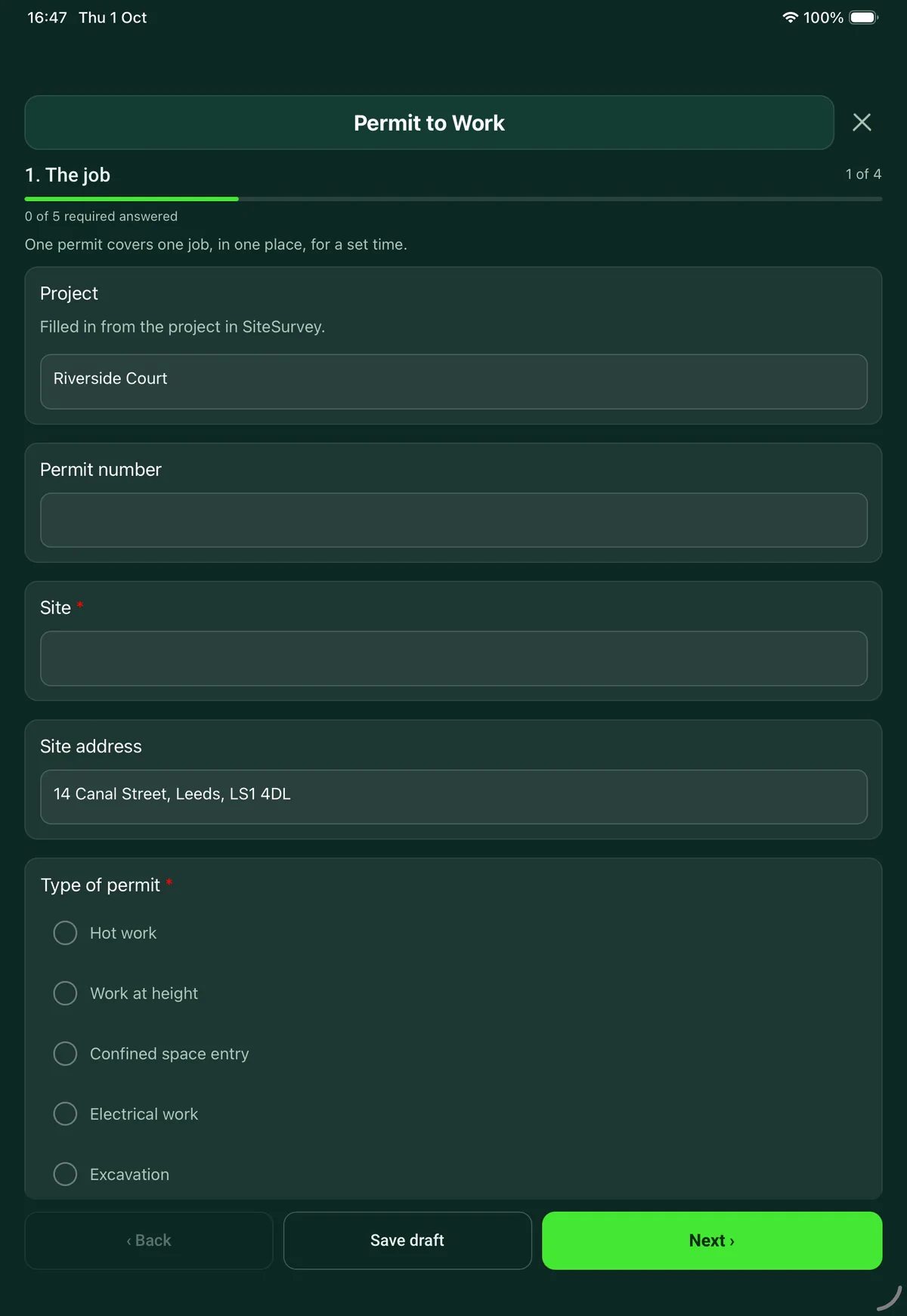 The Permit to Work form in the SiteSurvey app on a tablet