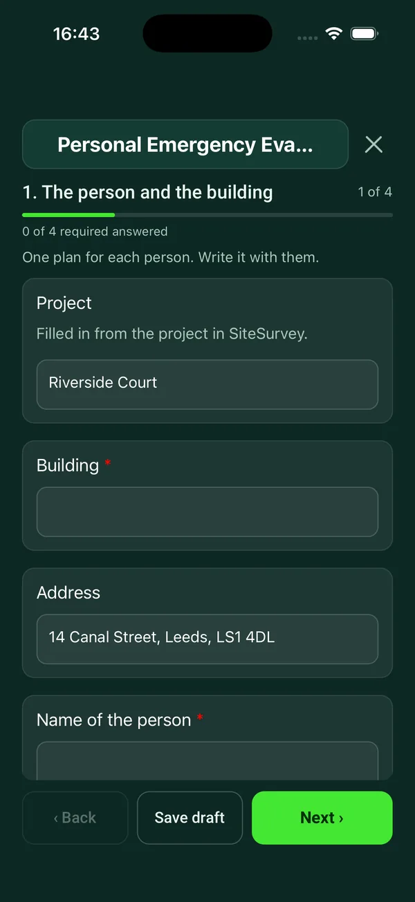 The Personal Emergency Evacuation Plan form in the SiteSurvey app on a phone