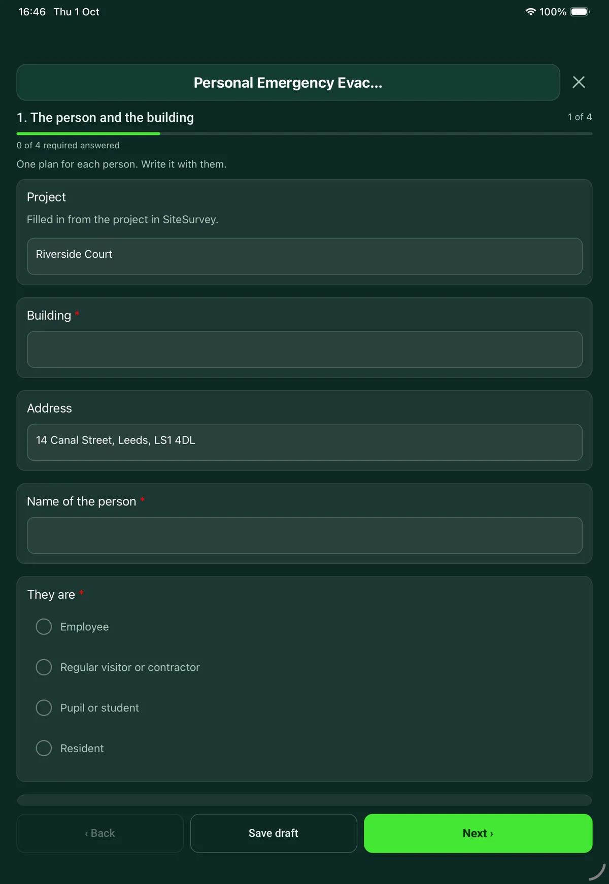 The Personal Emergency Evacuation Plan form in the SiteSurvey app on a tablet