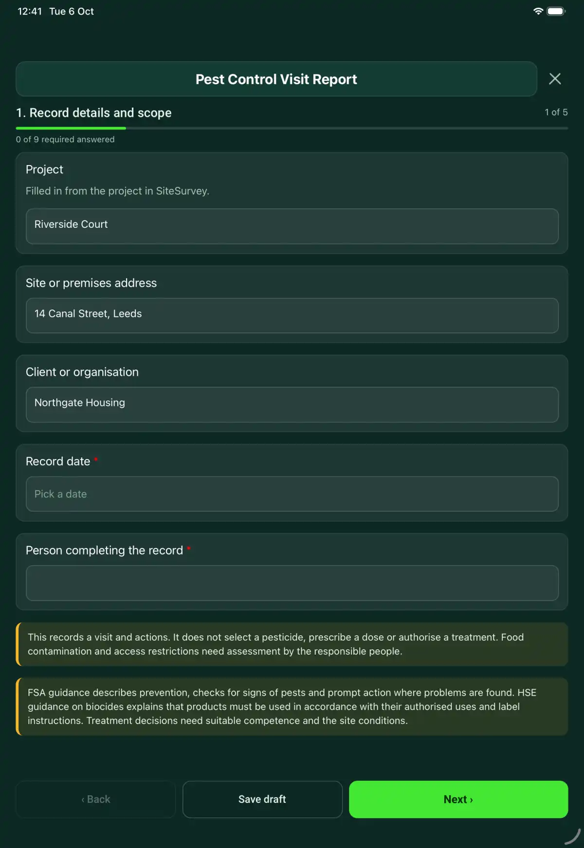 The Pest Control Visit Report form in the SiteSurvey app on a tablet