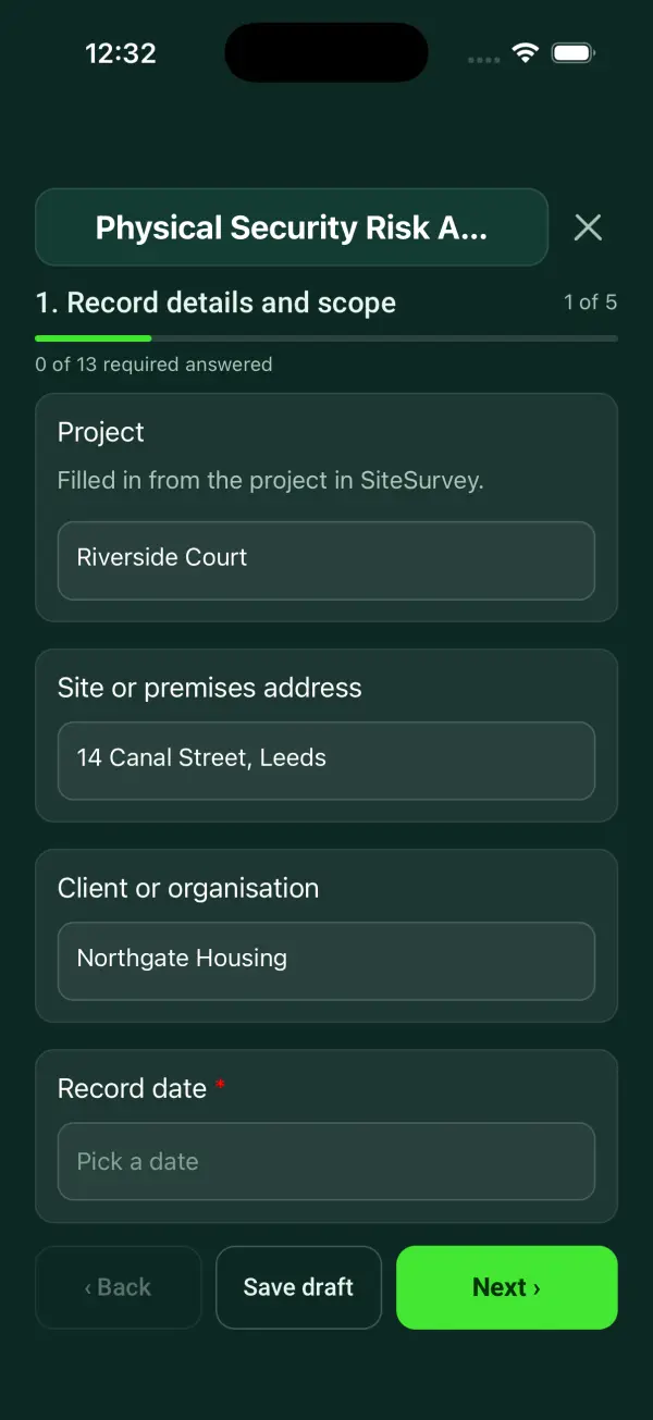 The Physical Security Risk Assessment form in the SiteSurvey app on a phone