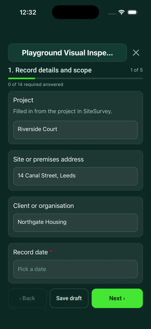 The Playground Visual Inspection form in the SiteSurvey app on a phone