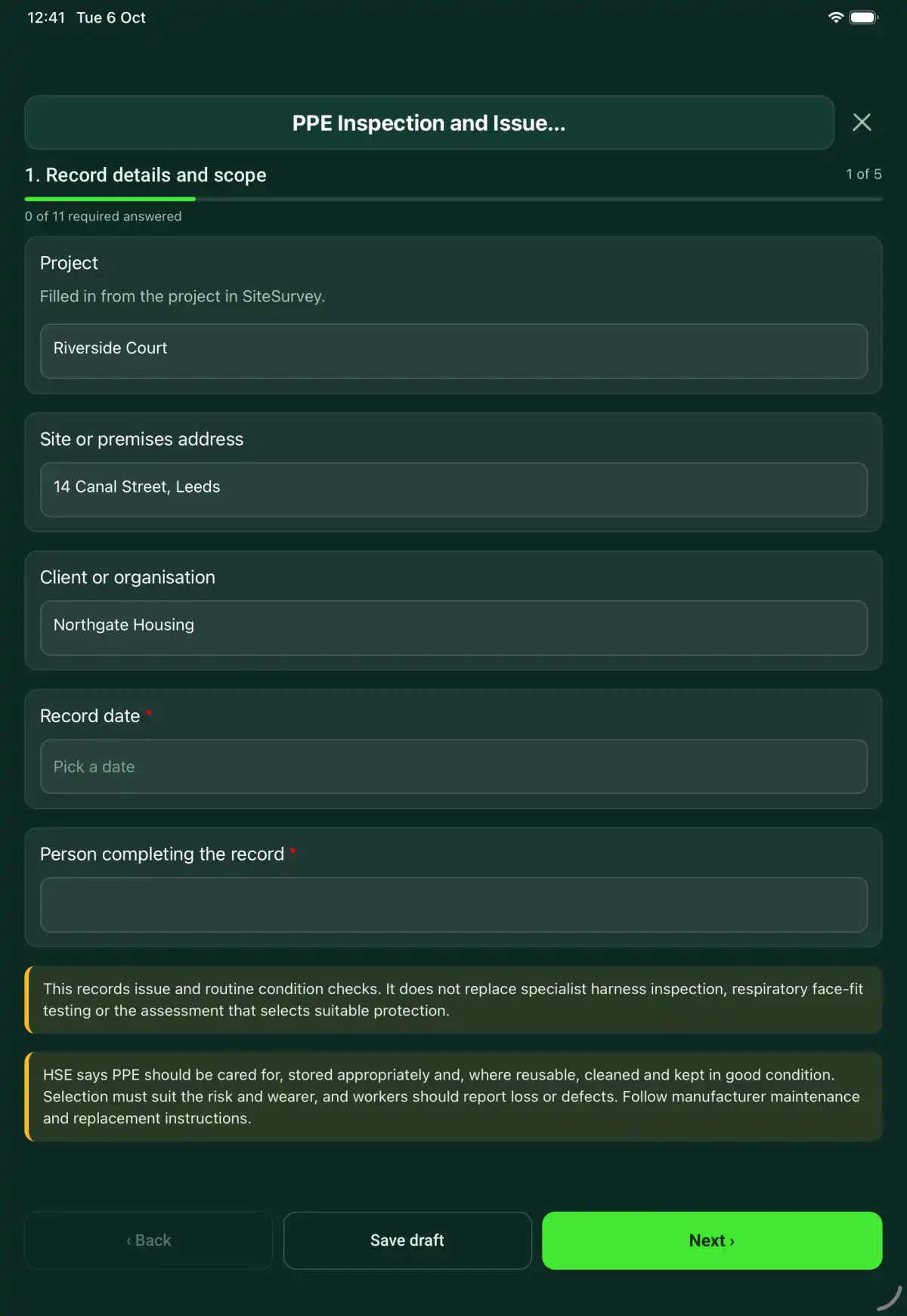 The PPE Inspection and Issue Record form in the SiteSurvey app on a tablet
