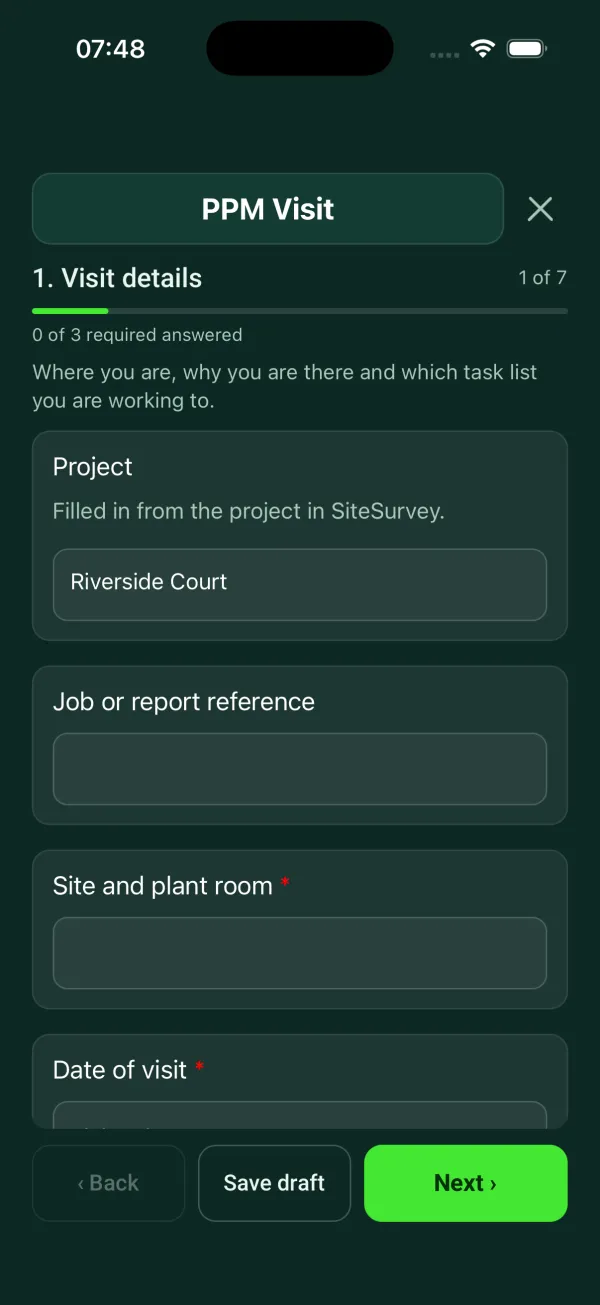 The PPM Visit form in the SiteSurvey app on a phone