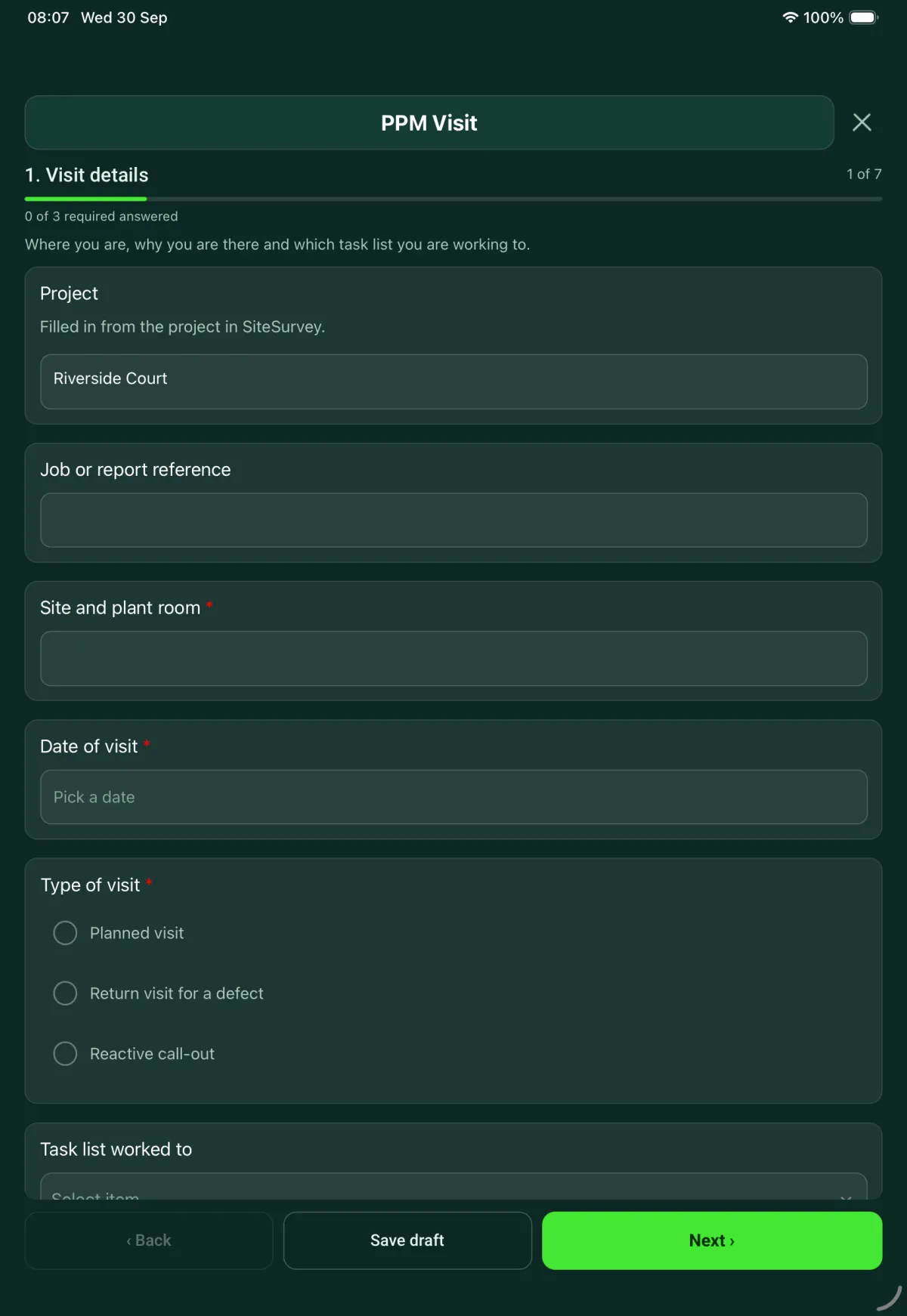 The PPM Visit form in the SiteSurvey app on a tablet