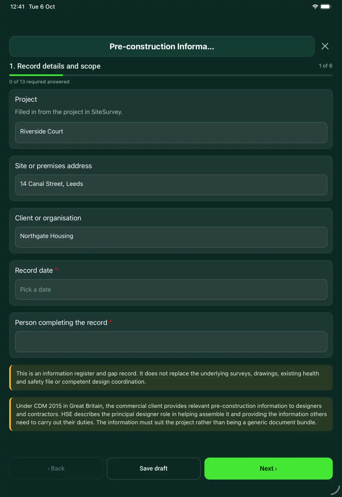 The Pre-construction Information Record form in the SiteSurvey app on a tablet