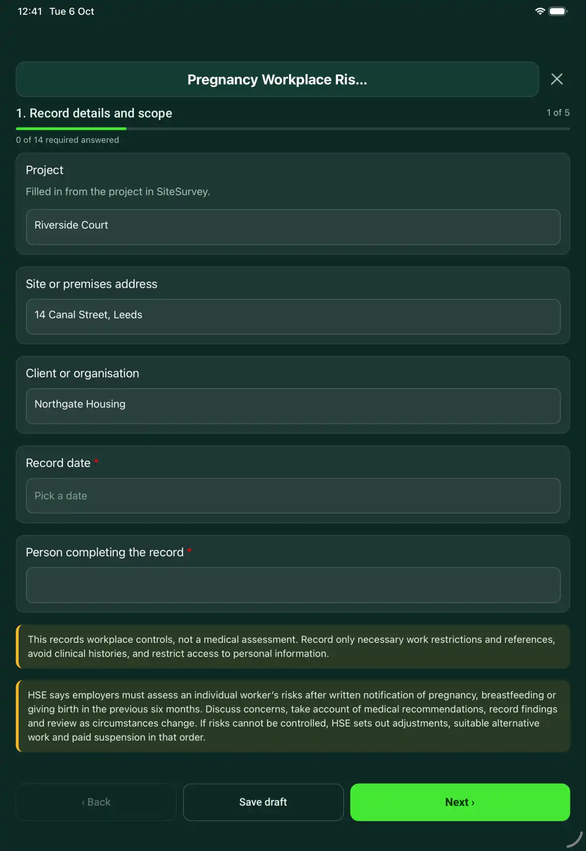 The Pregnancy Workplace Risk Assessment form in the SiteSurvey app on a tablet