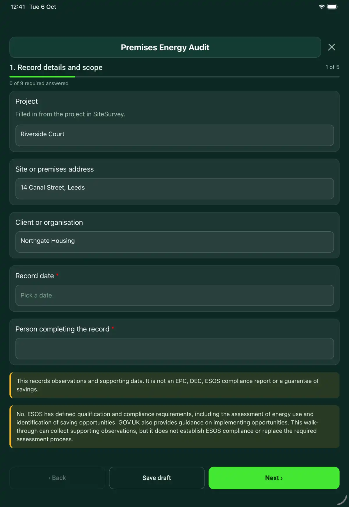 The Premises Energy Audit form in the SiteSurvey app on a tablet