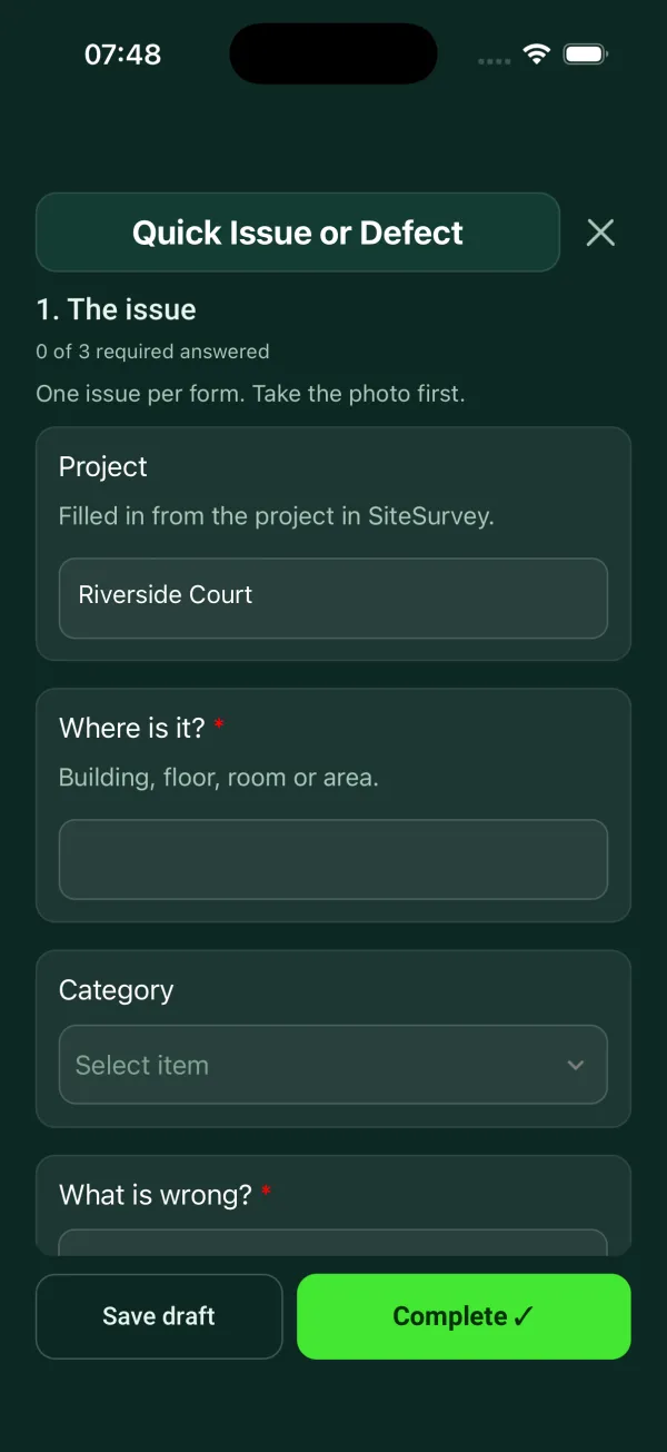 The Quick Issue or Defect form in the SiteSurvey app on a phone