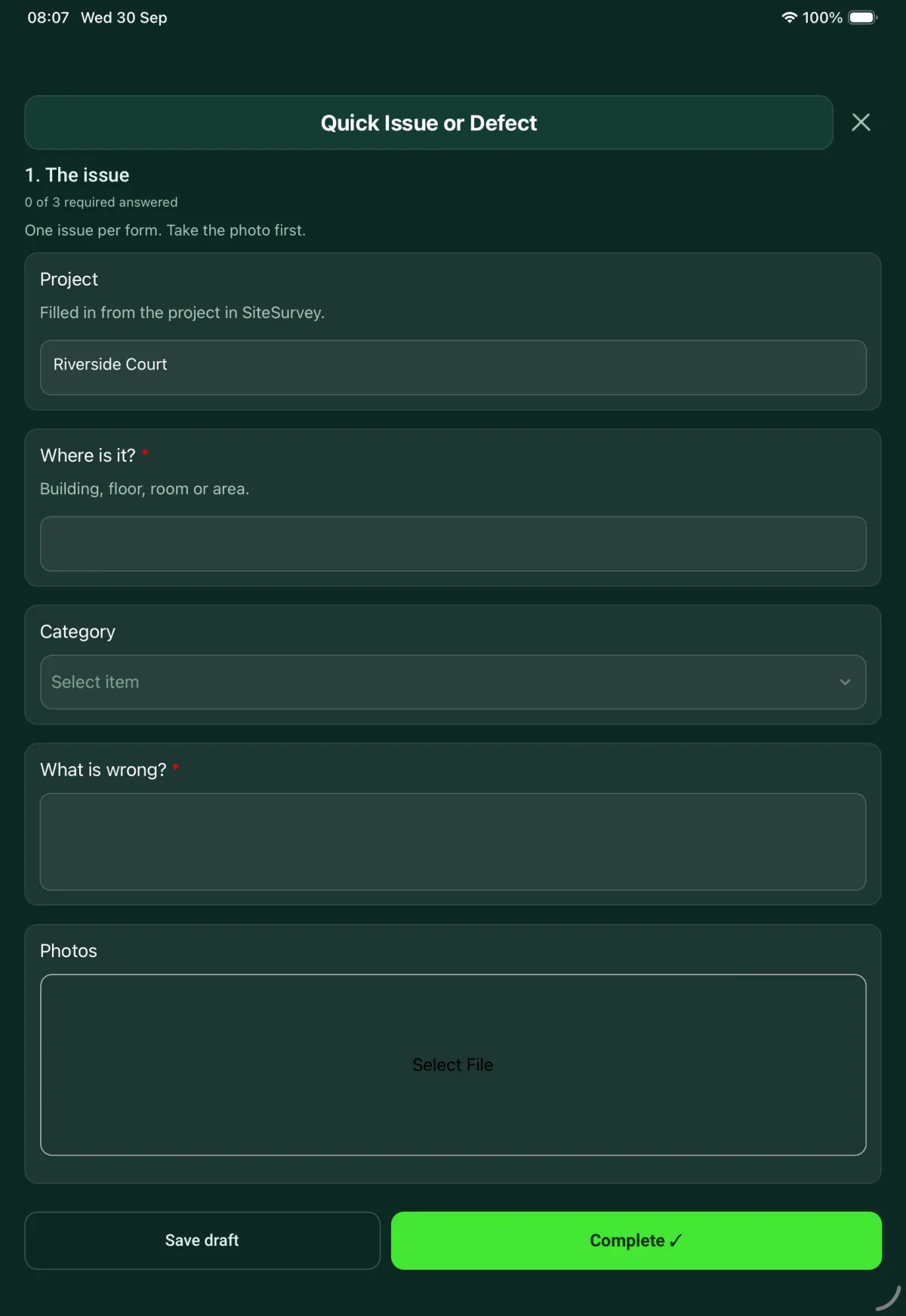 The Quick Issue or Defect form in the SiteSurvey app on a tablet