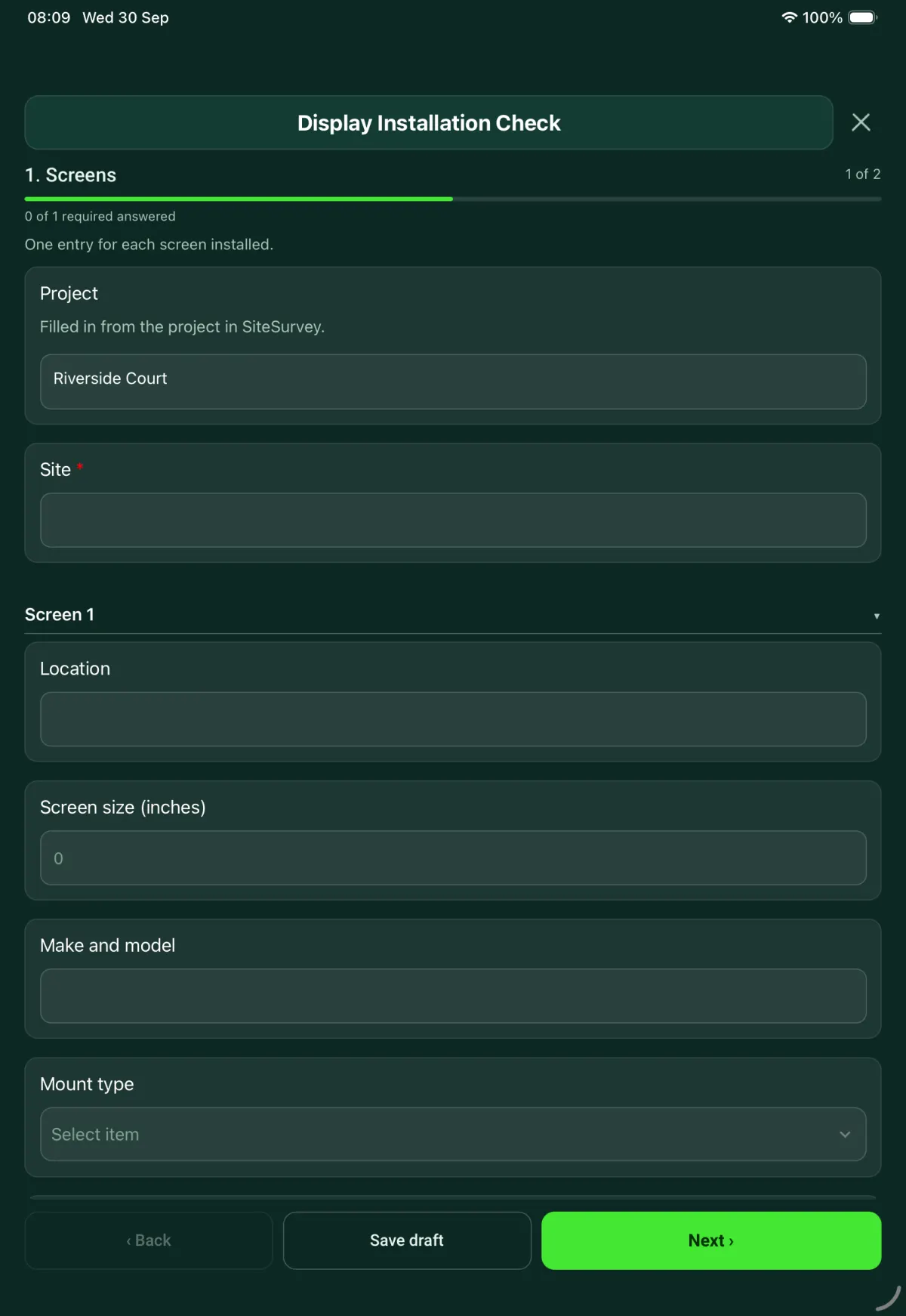 The Rack Audit form in the SiteSurvey app on a tablet