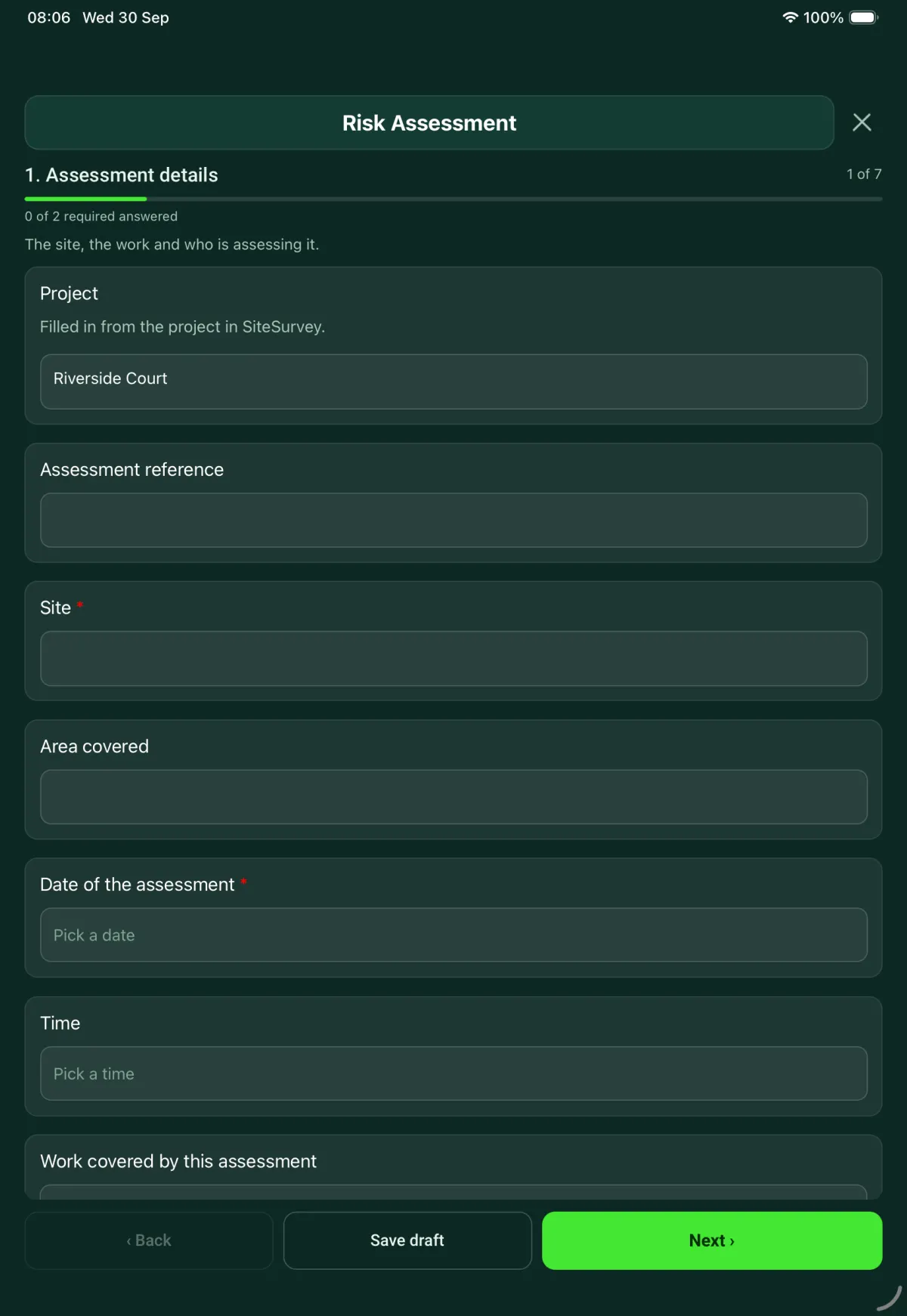 The Risk Assessment form in the SiteSurvey app on a tablet