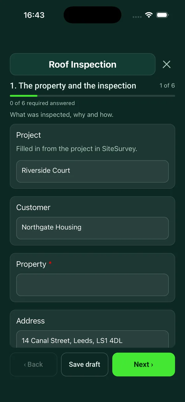 The Roof Inspection form in the SiteSurvey app on a phone