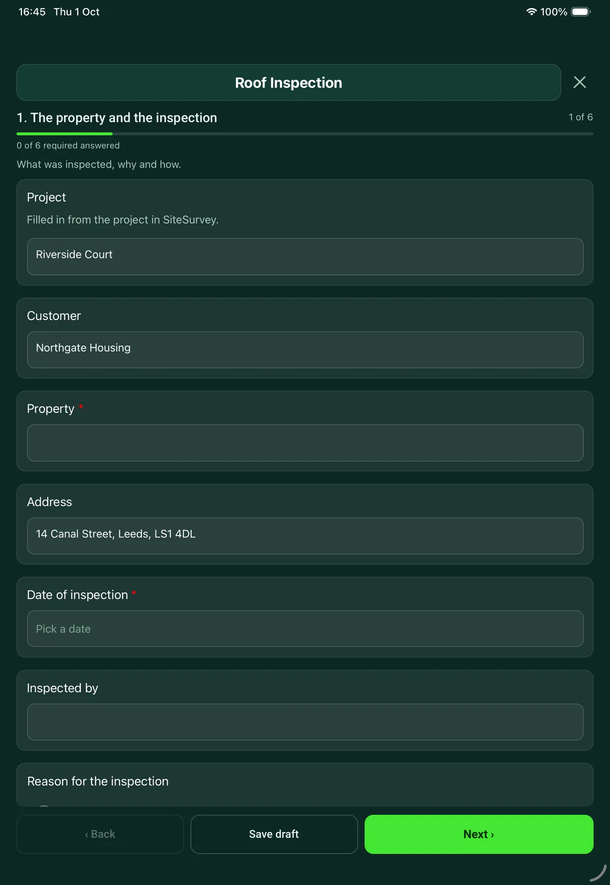 The Roof Inspection form in the SiteSurvey app on a tablet