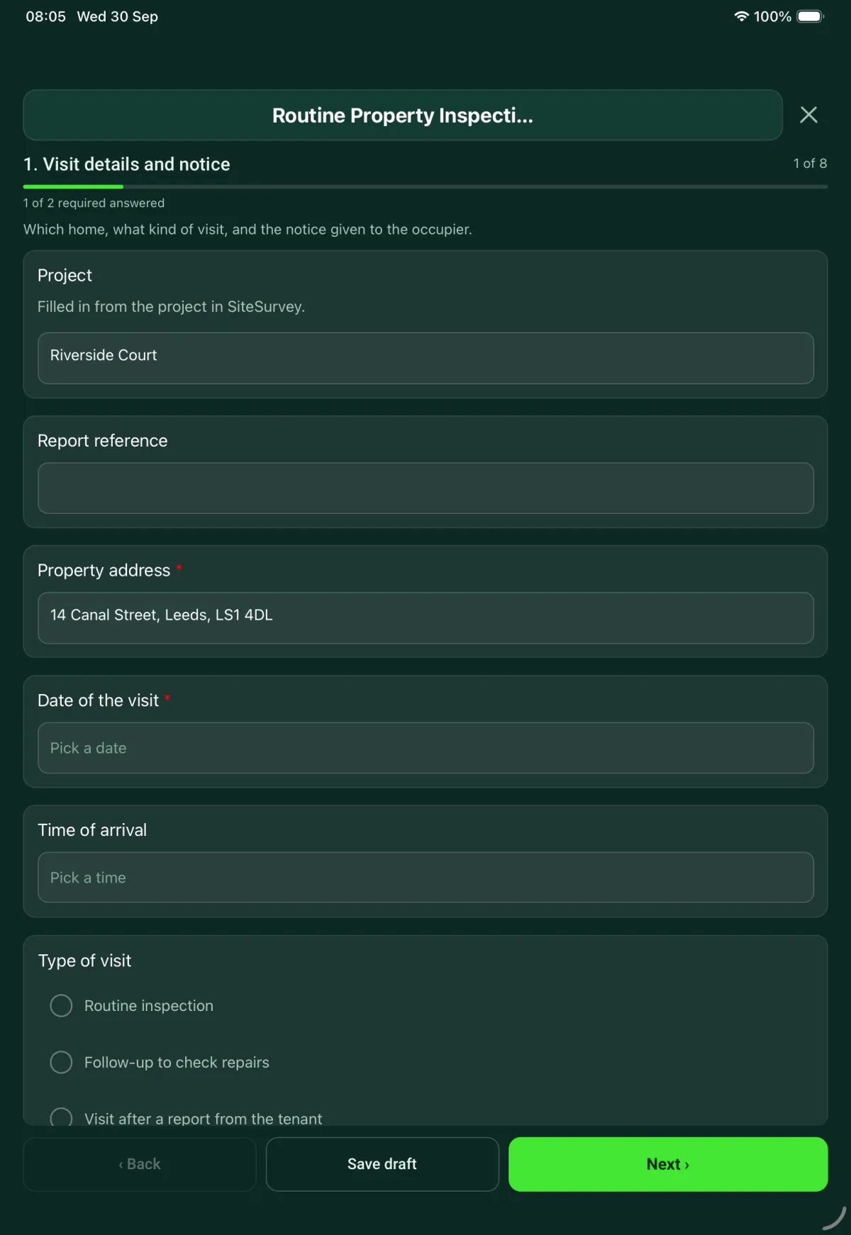 The Routine Property Inspection form in the SiteSurvey app on a tablet